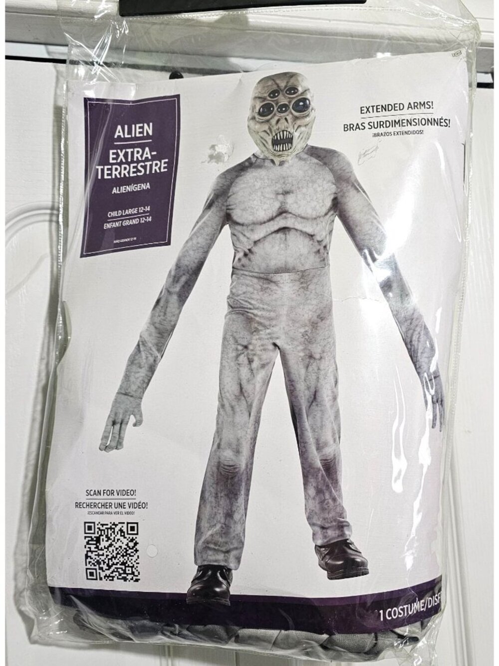 Grey Alien Costume Kids 12-14 Extended Arms Scary Mask Creepy Hands Halloween